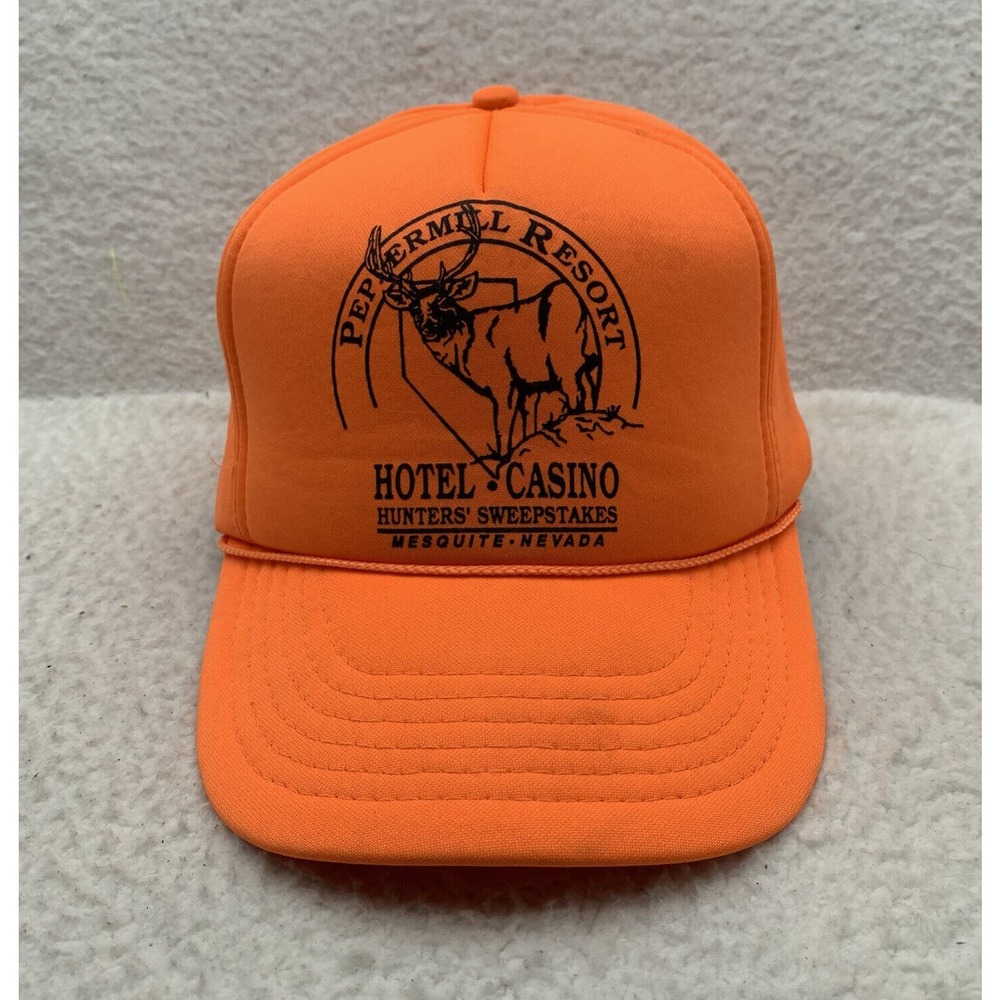 VTG Peppermill Resort Foam Snapback Trucker Hat Rope Orange Hunting Hi Vis